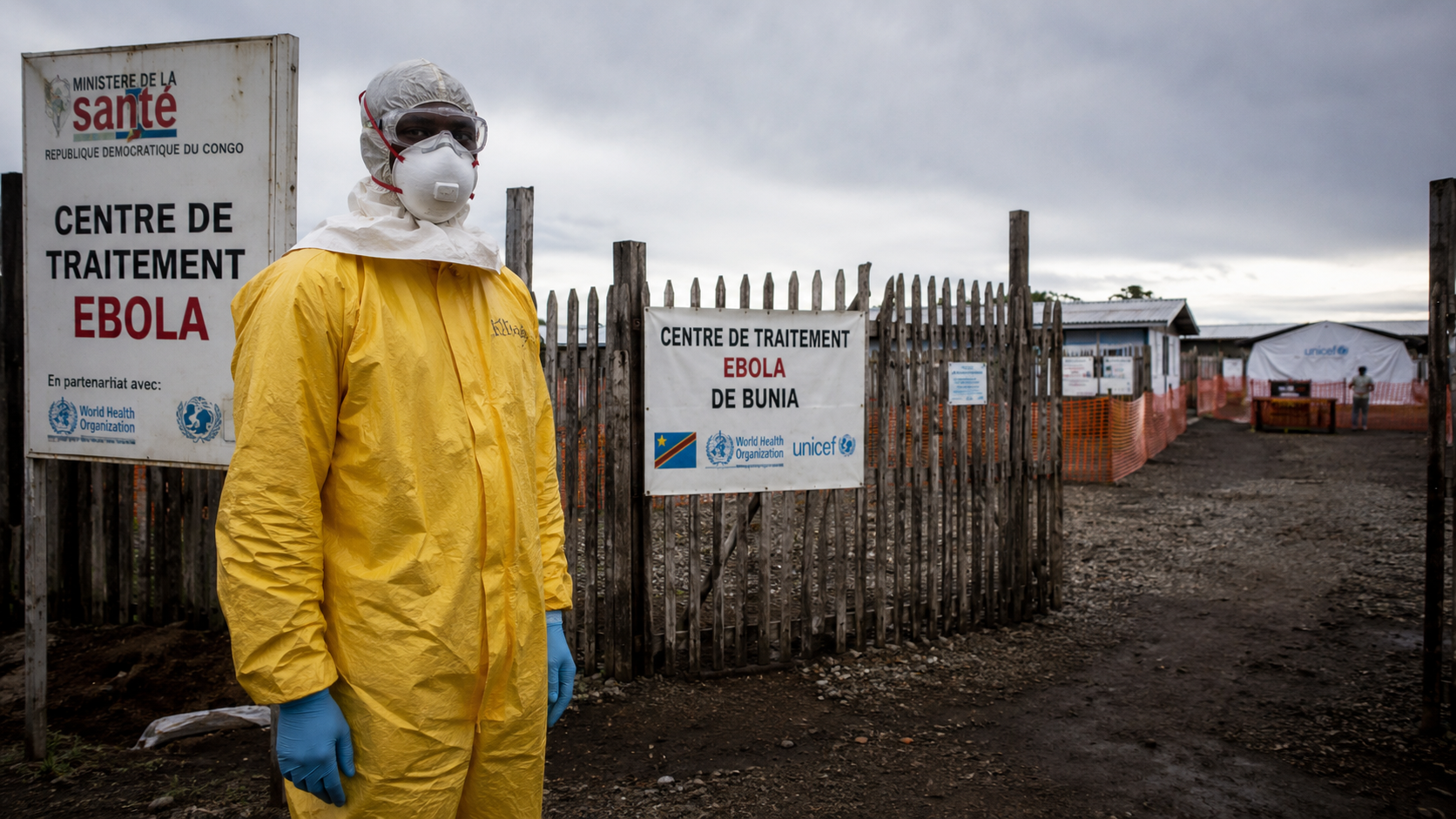 Healthcare worker in protective gear outside Ebola treatment center in Bunia, DRC, 2026